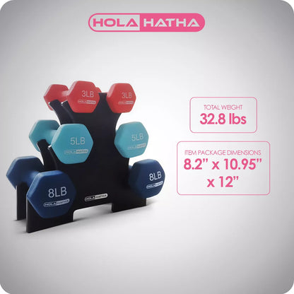 Holahatha 3, 5, and 8 Pound Dumbbell Hand Weight Set with Storage Rack, Multi