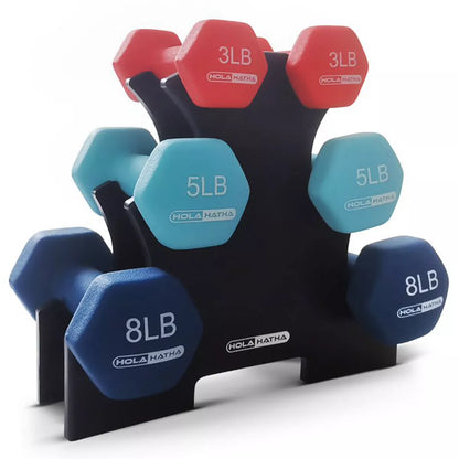 Holahatha 3, 5, and 8 Pound Dumbbell Hand Weight Set with Storage Rack, Multi