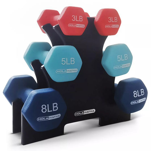 Holahatha 3, 5, and 8 Pound Dumbbell Hand Weight Set with Storage Rack, Multi