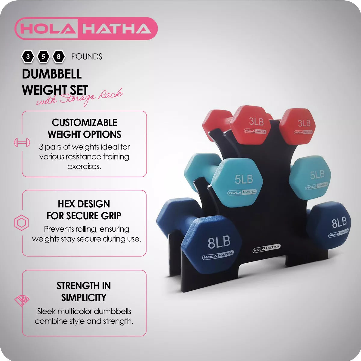 Holahatha 3, 5, and 8 Pound Dumbbell Hand Weight Set with Storage Rack, Multi