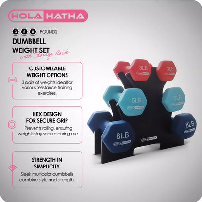 Holahatha 3, 5, and 8 Pound Dumbbell Hand Weight Set with Storage Rack, Multi